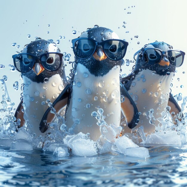 Photo trois pingouins portant des lunettes d'œil éclaboussés dans l'eau