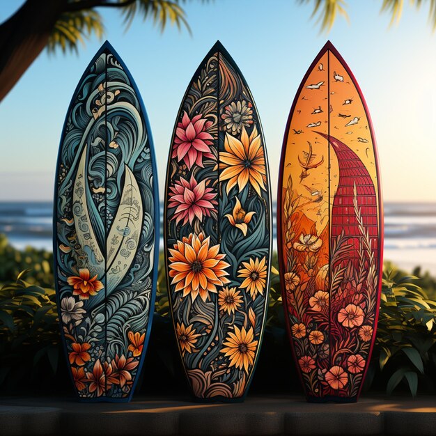 Trois planches de surf sont alignées contre un arbre sur la plage.