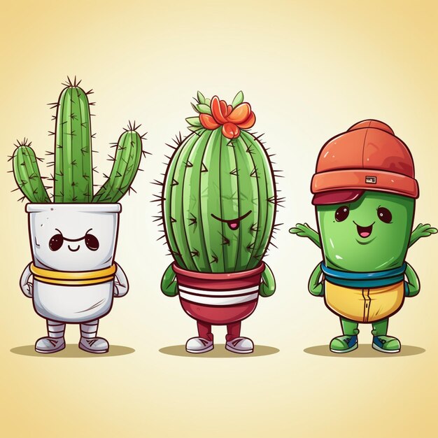 Photo trois plantes de cactus de dessins animés avec différents visages et bras ai générative