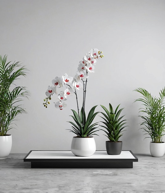 trois plantes d'orchidées blanches dans des pots blancs sur un plateau noir