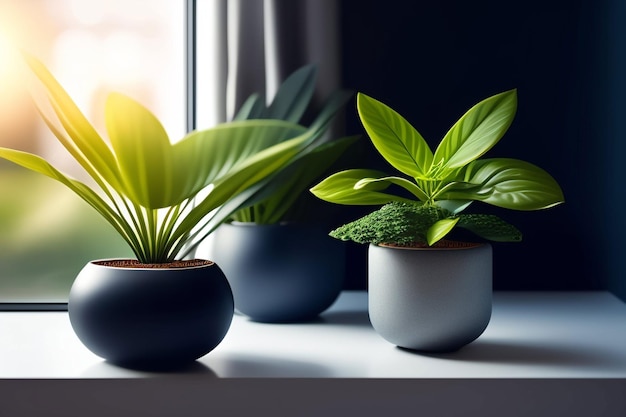 Trois plantes en pot sur un rebord de fenêtre avec une fenêtre derrière elles.