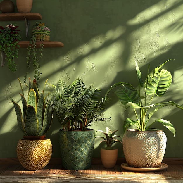 trois plantes en pot sont sur une table dont l'une a une plante dedans