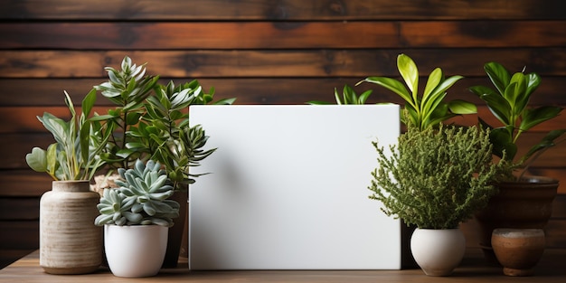 trois plantes sont sur une table et l'une d'elles a un tableau blanc derrière elles