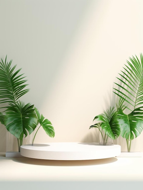 trois plantes sur une table avec une table blanche et une table blanche avec une plante verte au milieu.