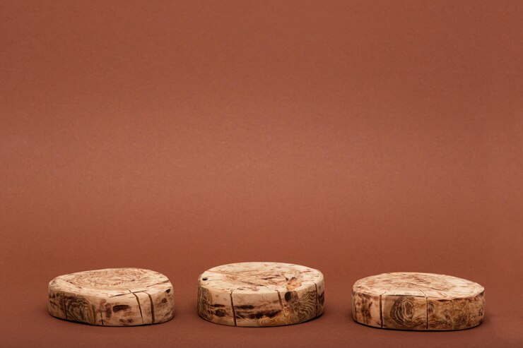 Photo trois plates-formes sciées rondes ou podium en bois pour la présentation de cosmétiques éco-beauté sur fond marron