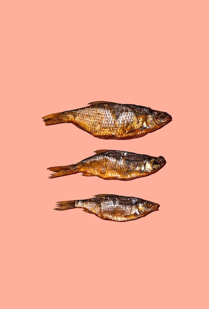 Photo trois poissons séchés sur fond rose style pop art