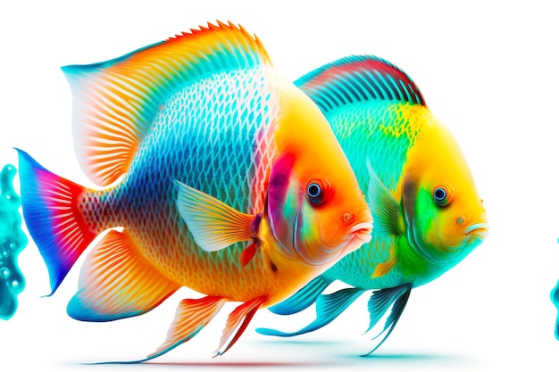 Trois poissons tropicaux multicolores aux couleurs vives isolés sur fond blanc