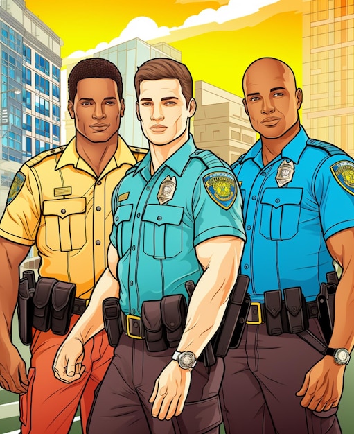 trois policiers debout devant une rue de la ville IA générative