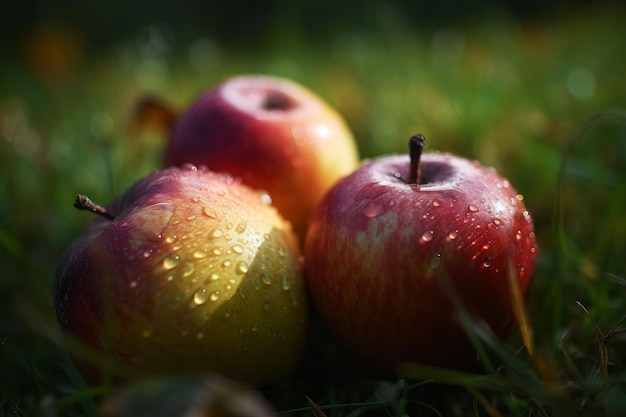 Trois pommes reposent sur l'herbe avec le mot pomme sur le côté.