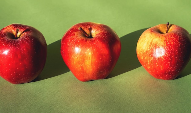 Trois pommes rouges sur fond vert