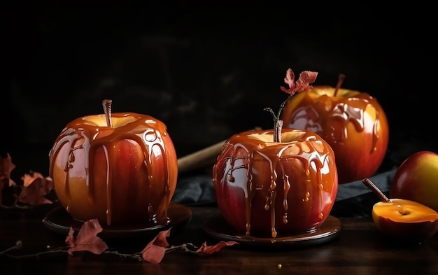 Trois pommes avec sauce au caramel sur fond noir