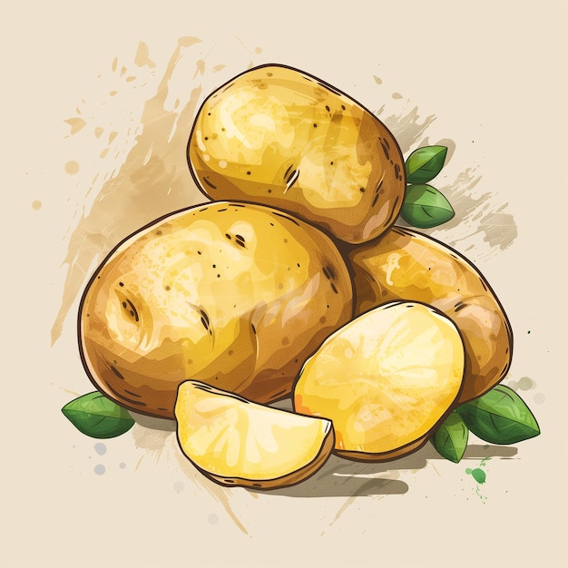 Trois pommes de terre sur fond brun Style d'art de croquis d'illustration