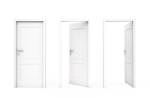 Trois portes blanches isolées sur un rendu 3D blanc