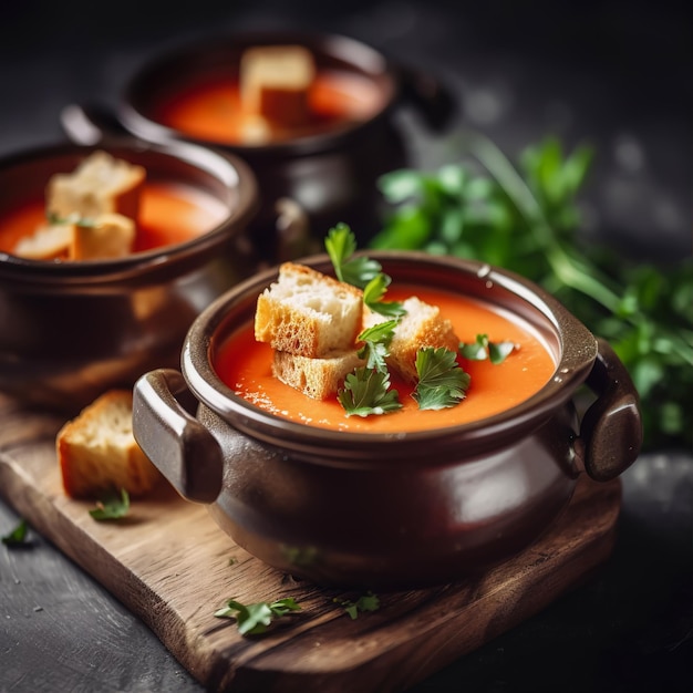 Trois pots en argile avec du pain sur une planche de bois avec quelques croûtons dessus.