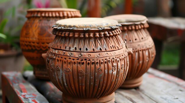 Trois pots d'argile avec des têtes de tambour en peau d'animal sont posés sur une surface en bois