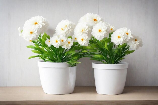 Photo trois pots blancs avec des fleurs blanches sur une étagère