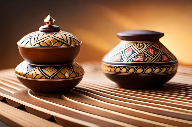 Trois pots en céramique sont sur une table avec une lumière sur le dessus.