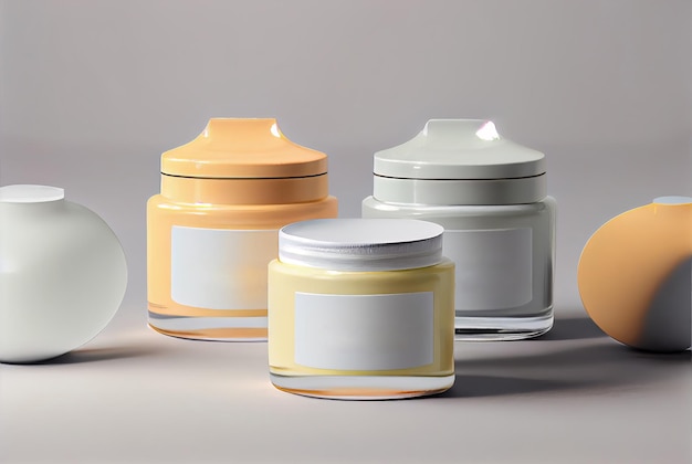 Photo trois pots de crème cosmétique se tiennent sur un fond blanc