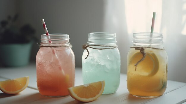 Trois pots Mason de limonade avec une paille et une paille à rayures rouges et bleues