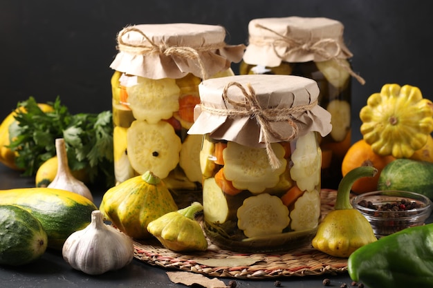 Trois pots avec patissons marinés, concombres et courgettes sur une surface gris foncé avec des ingrédients frais, format horizontal