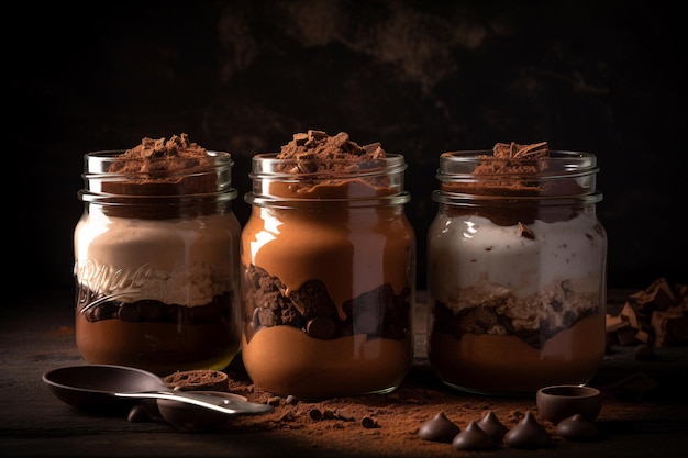 Trois pots de pudding au chocolat avec du chocolat sur le dessus.