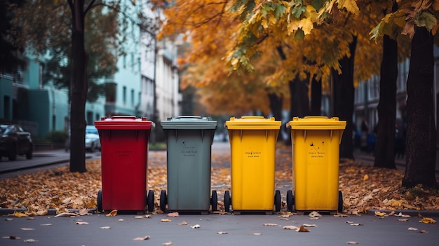 Trois poubelles colorées pour trier les ordures pour le verre plastique et le papier