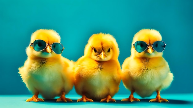 Trois poussins jaunes portant des lunettes de soleil