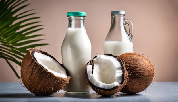 Trois récipients de lait et de noix de coco