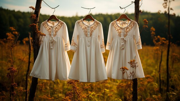 Trois robes de mariée sur l'herbe