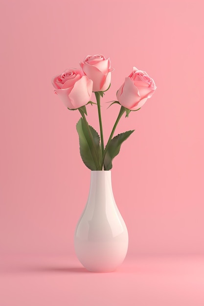 Trois roses roses avec des feuilles vertes dans un vase blanc sur un fond rose dans une image drainée