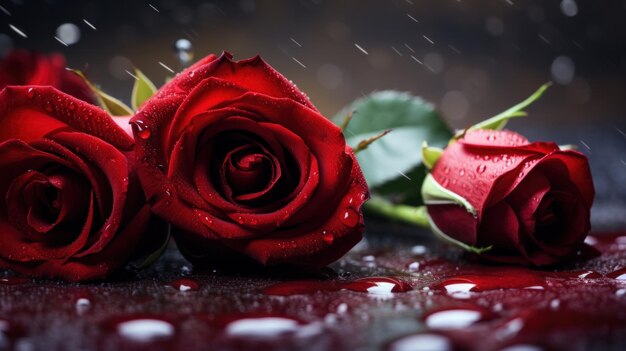 Trois roses rouges avec des gouttes d'eau sur elles assises dans une flaque d'eau