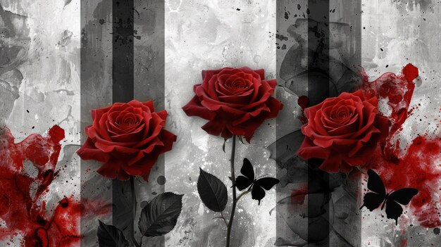 Trois roses rouges avec des papillons noirs un fond abstrait