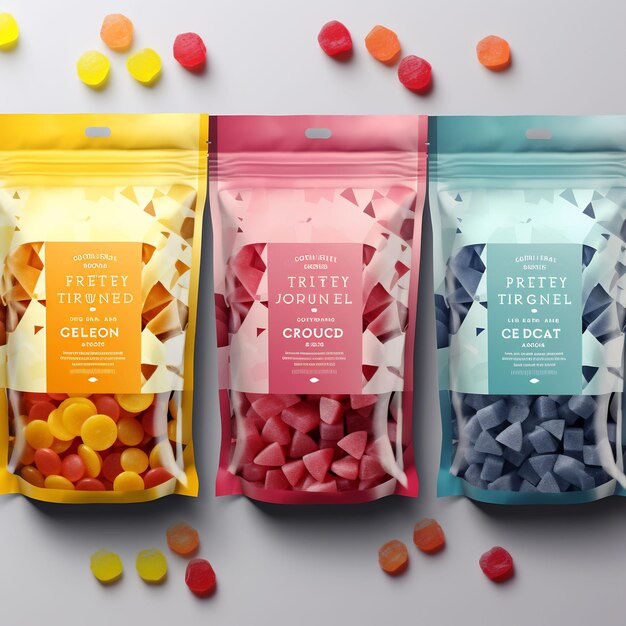 trois sachets de friandises contenant des bonbons de différentes couleurs.