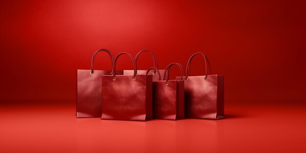 Trois sacs d'achat rouges sur un fond rouge avec un mur rouge génératif ai