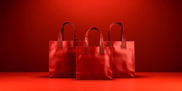 Trois sacs d'achat rouges sur une surface rouge avec un fond rouge génératif ai