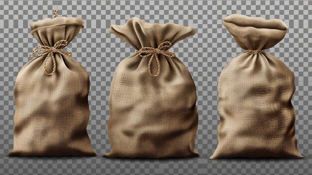 Photo trois sacs de drap vides réalistes avec une corde attachée illustration vectorielle isolée sur fond transparent