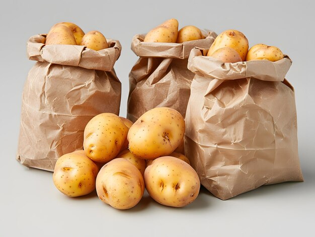 Photo trois sacs en papier brun de pommes de terre un ingrédient alimentaire de base dans de nombreux plats