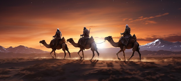Trois sages voyageant à travers le désert arrivant à Bethléem Nuit des trois sages Thr