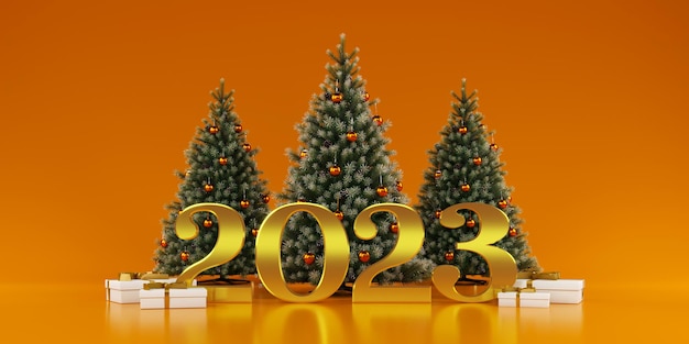 Trois sapins de Noël sur fond orange Numéros dorés sur fond d'arbres de Noël Composition de Noël Nouvel An Cadeau rendu 3d Illustration