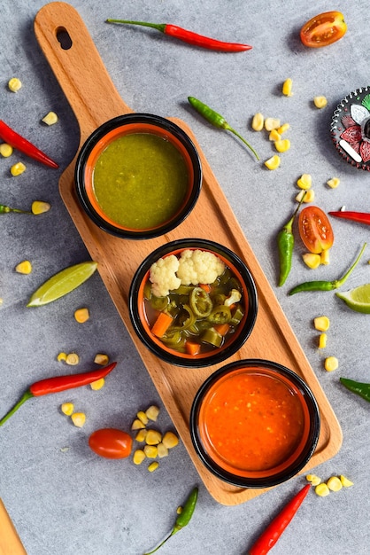 Trois sauces mexicaines sur planche de bois avec des légumes sur fond gris