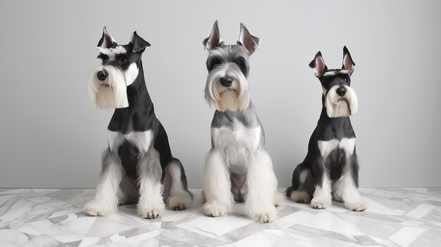 Trois schnauzers rizen sur fond minimaliste AI générative