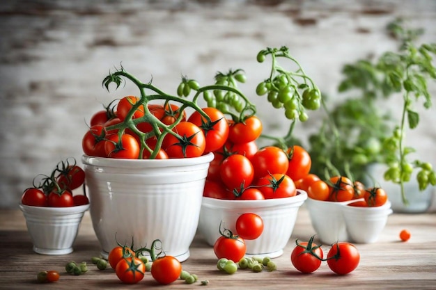 trois seaux blancs de tomates sont sur une table en bois