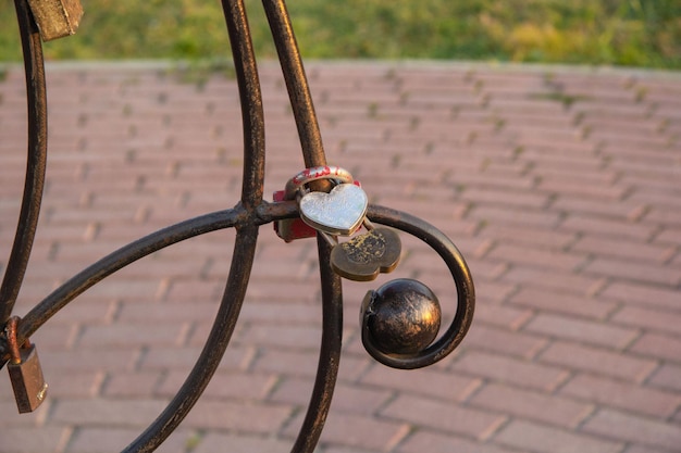 Photo trois serrures en fer fermées pendent sur une grille verte on dit conseil oui amour