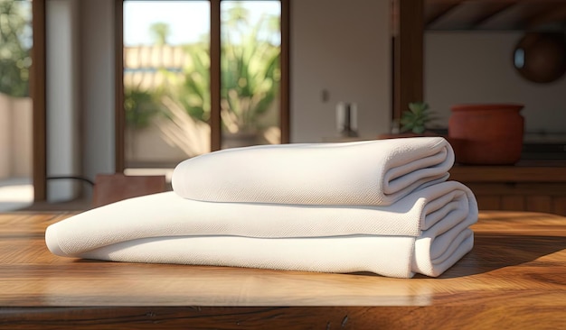 trois serviettes blanches sont sur une partie d'une table en bois dans le style du rendu en perspective