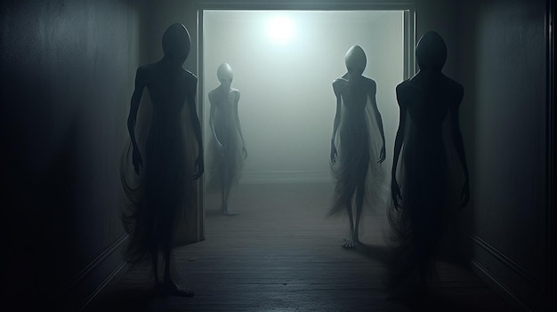 trois silhouettes de personnes dans une pièce sombre avec une lumière traversant la porte ai générative