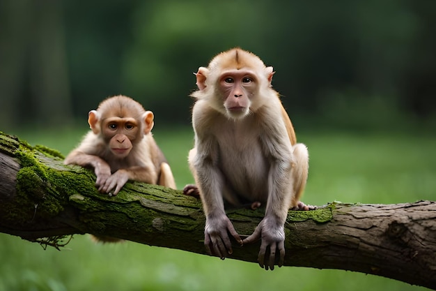 Trois singes sur une branche d'arbre