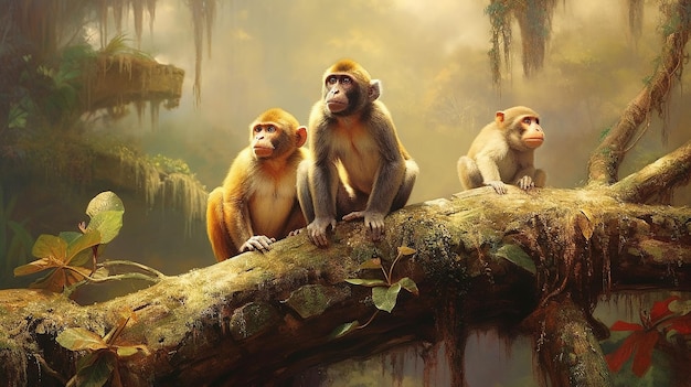 Photo trois singes sur une branche d'arbre