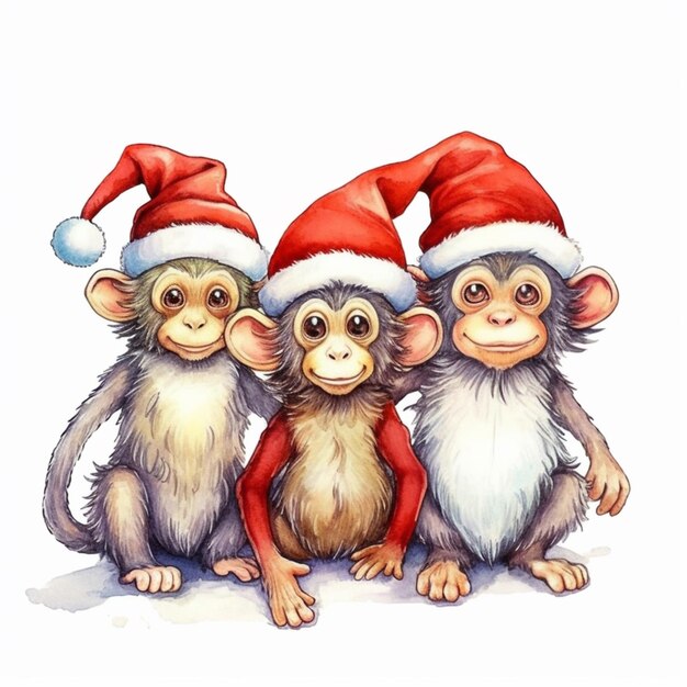 trois singes portant des chapeaux de père Noël assis sur une surface blanche générative ai