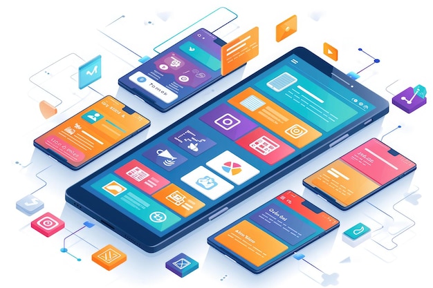 Photo trois smartphones placés côte à côte affichant diverses icônes d'applications représentant différentes fonctions et caractéristiques processus de développement d'applictions mobiles avec divers écrans et icônes ai généré