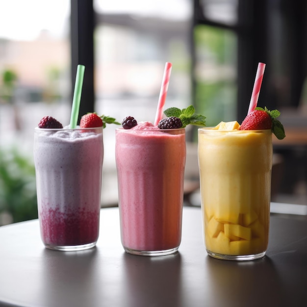 Trois smoothies différents avec fond de restaurant de pailles